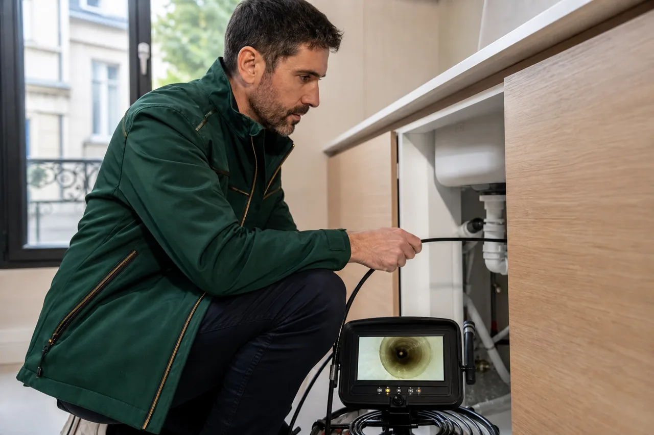 Expert en bâtiment utilisant une caméra endoscopique dans un logement — Canalisations avant achat : inspection endoscopique et expert en bâtiment