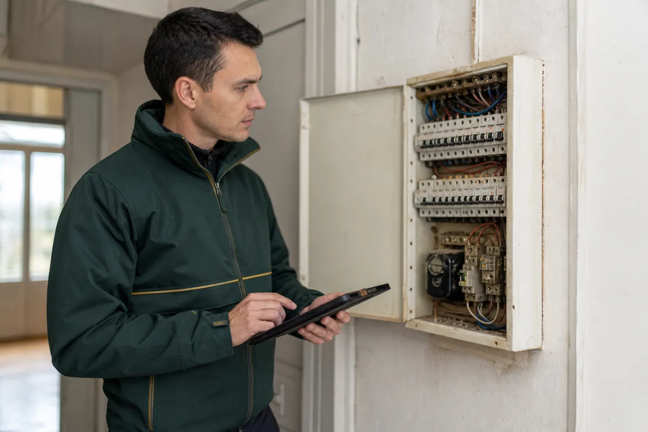 Expert en bâtiment observant un tableau électrique dans un logement — Électricité : ce qu’un expert en bâtiment observe avant achat