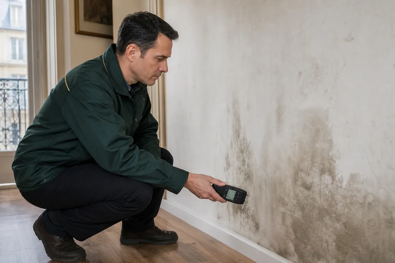 Expert en bâtiment avec humidimètre