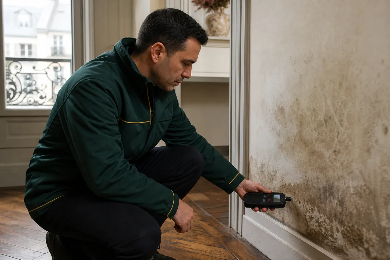 Expert en bâtiment VeridiQ contrôlant des traces d’humidité dans un logement — Humidité avant achat : ce que contrôle un expert en bâtiment