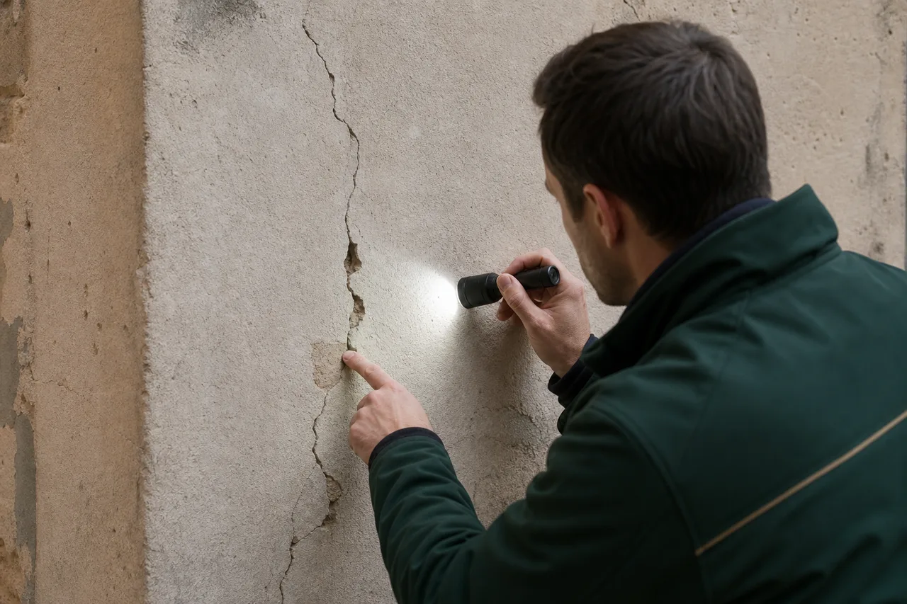 Expert en bâtiment examinant une fissure sur un bâtiment résidentiel — Structure et fissures : ce qu’un expert en bâtiment contrôle avant achat