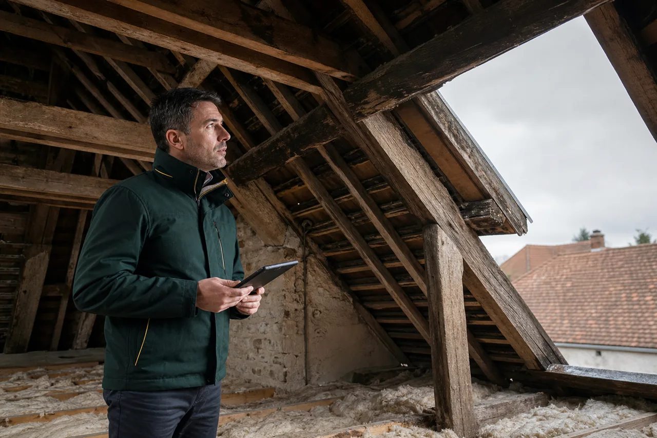 Expert en bâtiment inspectant une toiture et des combles avant achat — Toiture et charpente : inspection avant achat par un expert en bâtiment